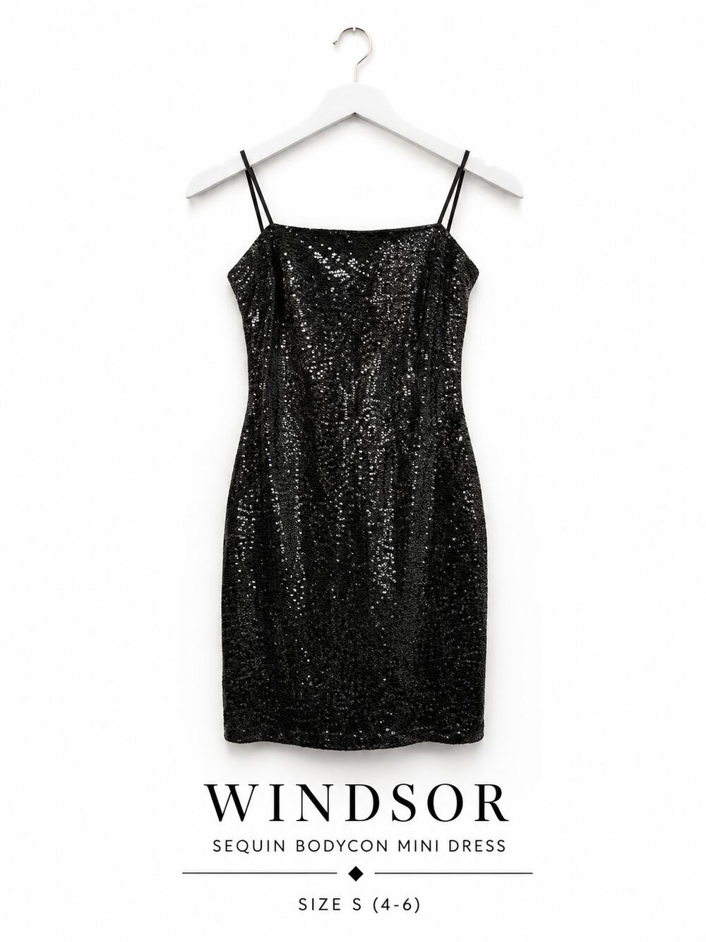 Windsor Black Sequin Bodycon Mini Dress Spaghetti Strap Party Dress Size S